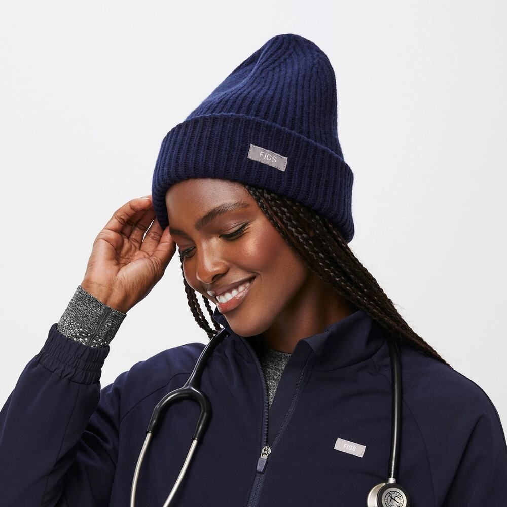 Figs Navy Blue Oversized Beanie Hat 100% Merino Wool Ribbed Knit Nurse